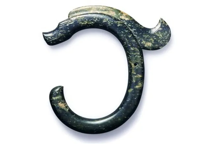 Museum reference photo: the C-shaped jade dragon of the Hongshan culture — dark-green Xiuyan jade, the body coiled into a reversed C, the long mane streaming back