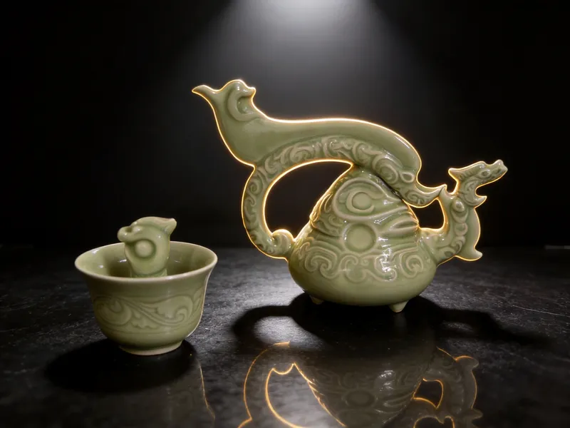 Actual product sample, studio-finished photo: close view of the ewer's relief-carved celadon body, cloud motifs and loong-headed spout, with the companion cup