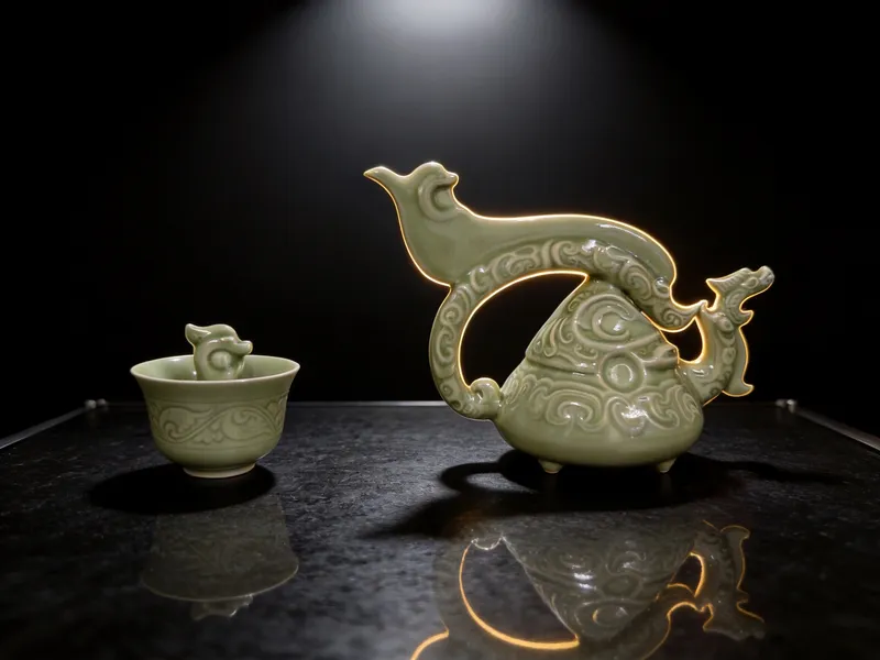 Actual product sample, studio-finished photo: side profile of the celadon ewer showing its arched handle and carved ornament, the companion cup beside it