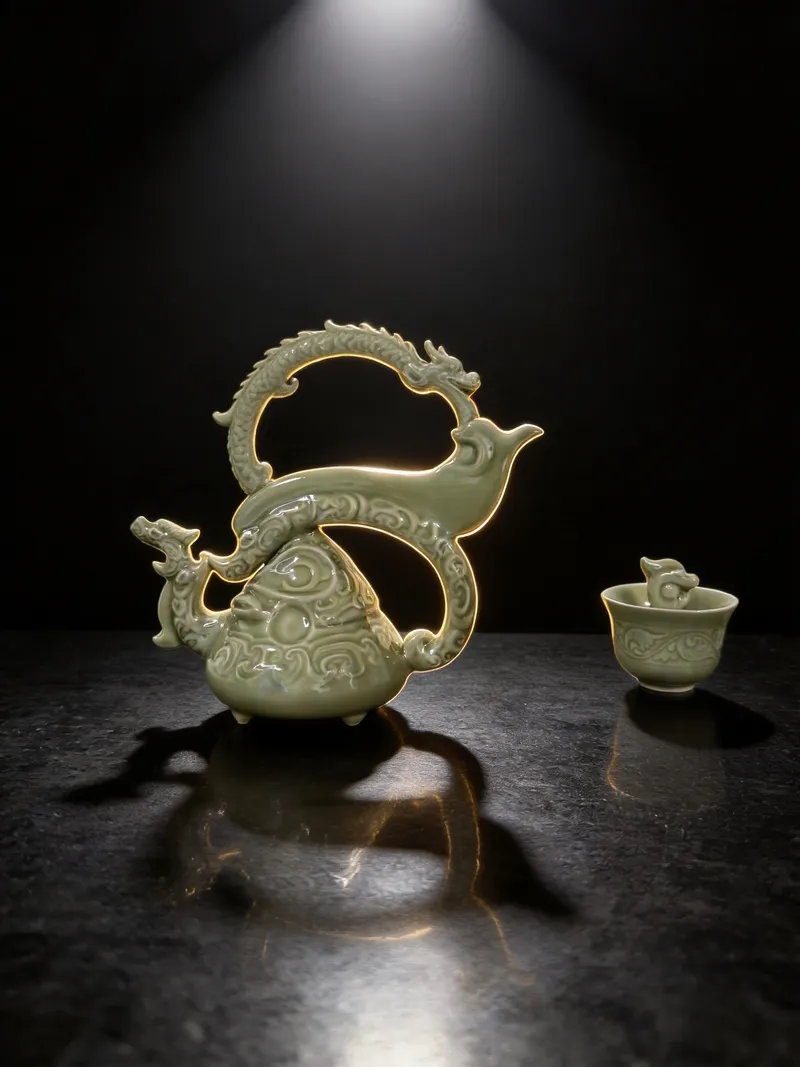 Actual product sample, studio-finished photo: the Five-Loong Reverse-Flow Ewer in pale celadon with carved cloud relief, standing on a black table beside the Tidal Loong Cup