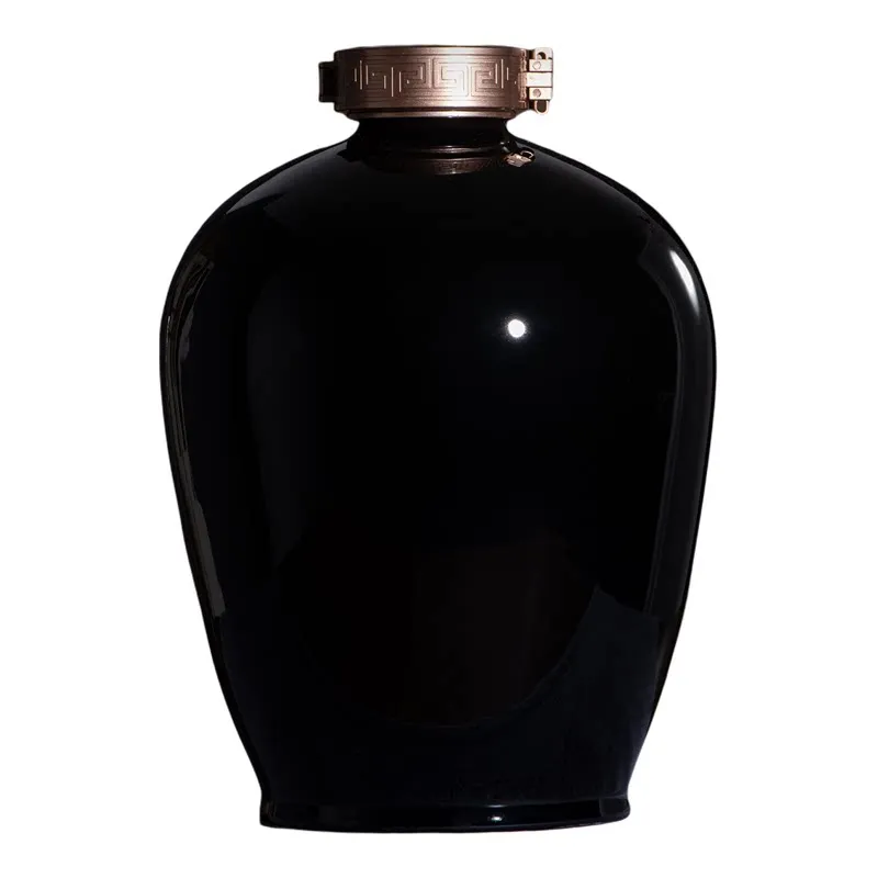 Concept visualization: a black-glazed stoneware jar with bronze-toned fittings — an atmosphere study for the Yunxiu Slanted Vessel
